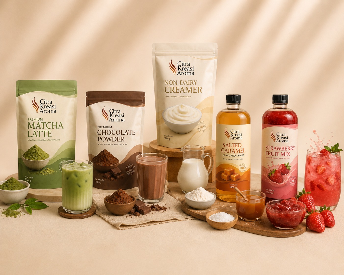 Rangkaian produk Citra Kreasi Aroma: matcha latte, chocolate powder, non dairy creamer, salted caramel syrup, dan strawberry fruit mix